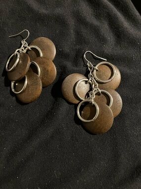 Wooden Disc Dangle Earrings - Brown